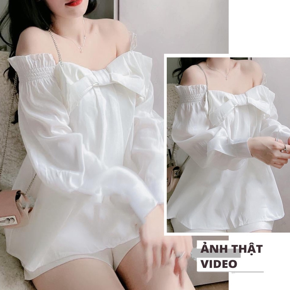 Sét áo trễ vai thắt nơ bo chun tay áo kèm quần short cạp chun siêu đẹp ảnh thật tự chụp