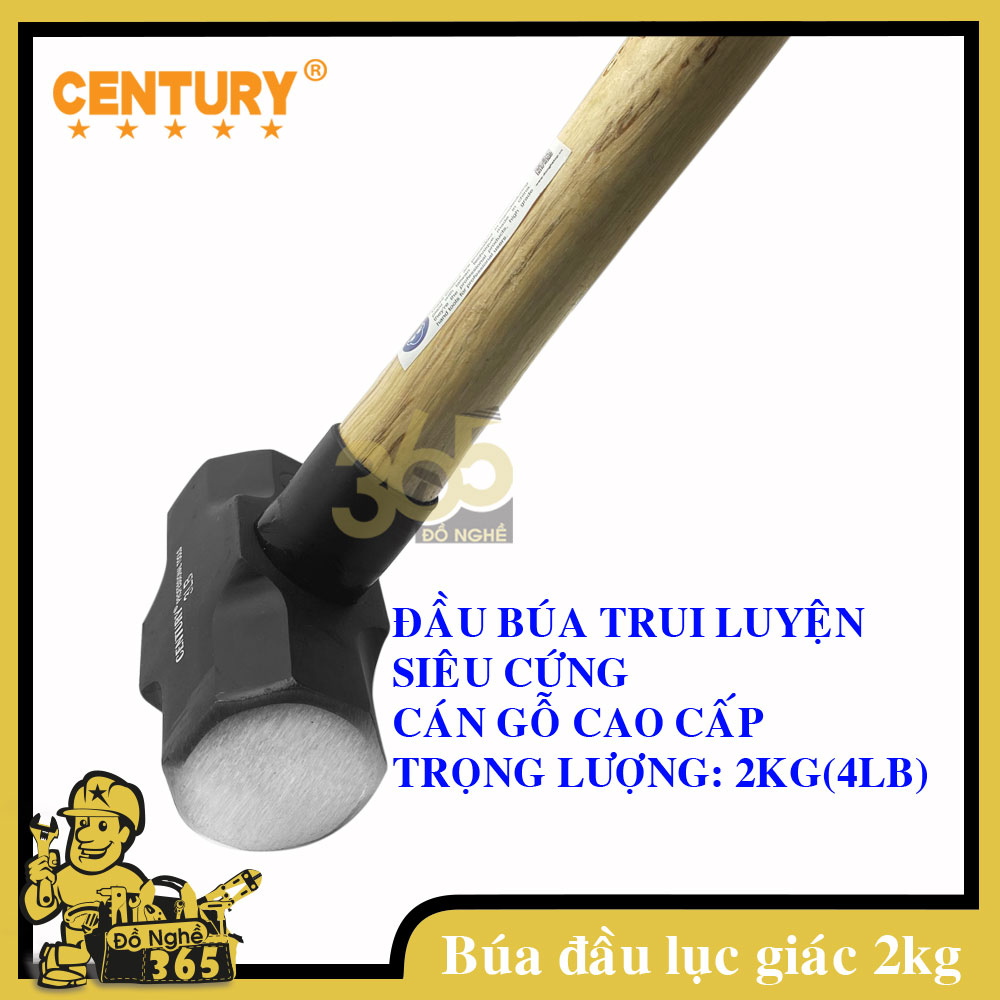 Búa đầu lục giác 2Kg (cán gỗ) CENTURY  , búa chuyên dùng đập vật liệu cứng: bê tông, tường gạch, hay còn gọi là búa tạ chất liệu thép cao cấp & cán gỗ tự nhiên chịu lực và đàn hồi tốt.