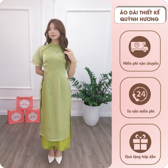 Áo dài mộc miên xanh cốm bắt mắt