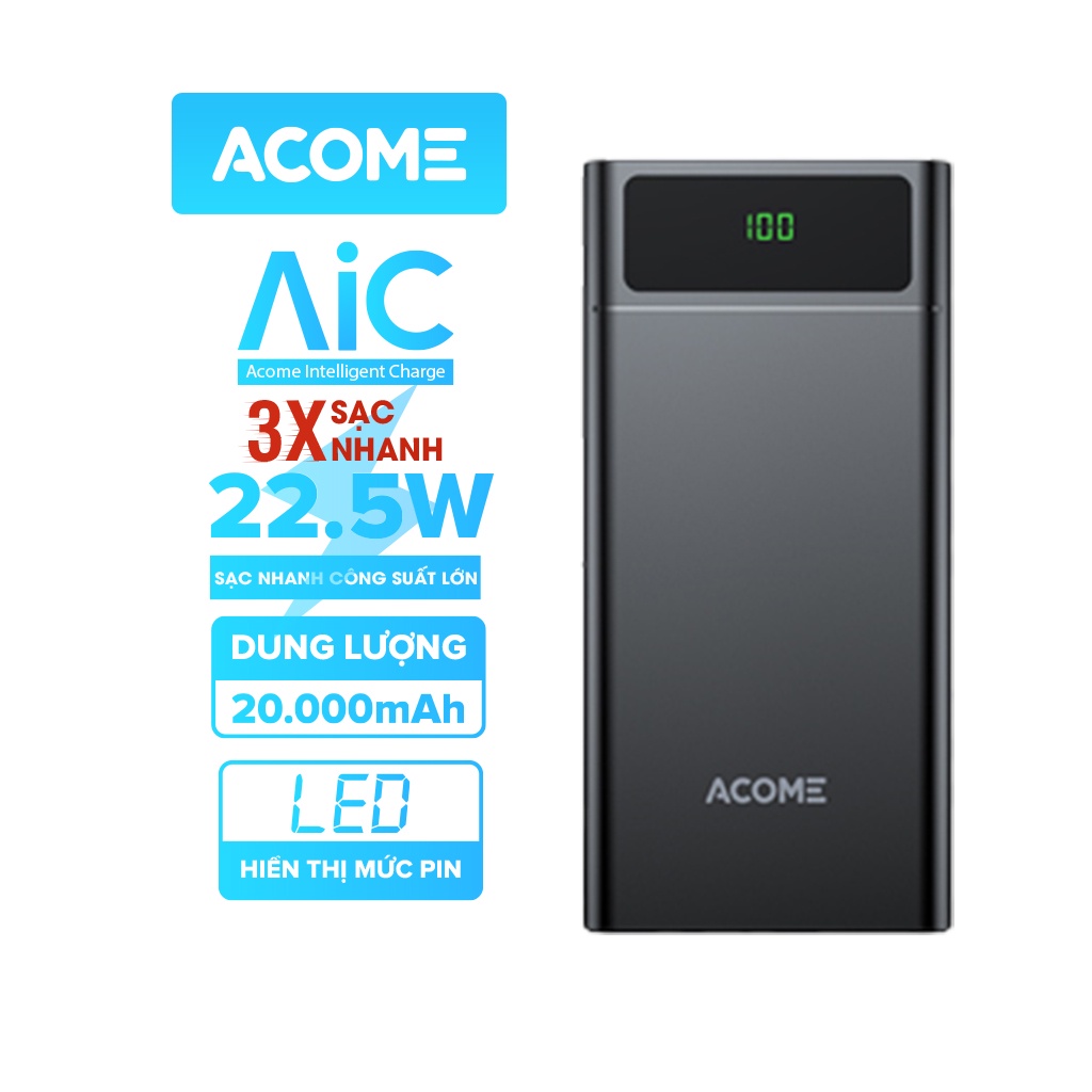 [Bảo Hành 12 Tháng] Pin Sạc Dự Phòng ACOME AP201/VIVAN VPB-C20/ROBOT RT22 - Dung Lượng Pin 20000mAh - Công Suất 10-22.5W - Tương Thích Với Nhiều Chuẩn Sạc Nhanh - 2 Cổng Sạc Vào - 3 Cổng Sạc Ra - Hiển Thị Đèn LED