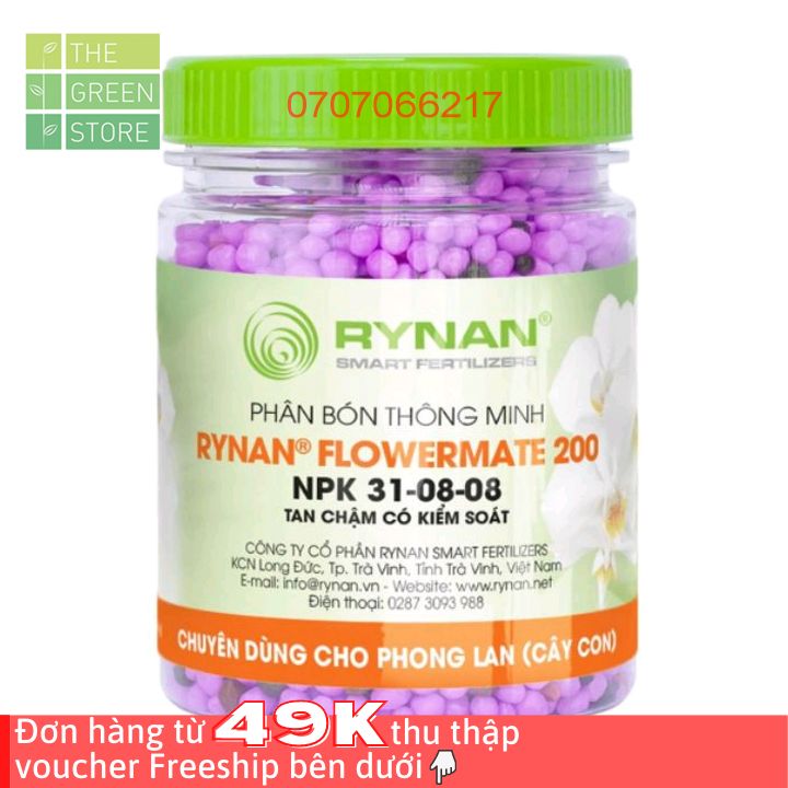 Phân bón tan chậm RYNAN 200 (NPK 31-08-08) (150g/1.25kg) cho hoa lan kích mọc mầm, đâm chồi, ra lá giai đoạn cây con, cây trưởng thành
