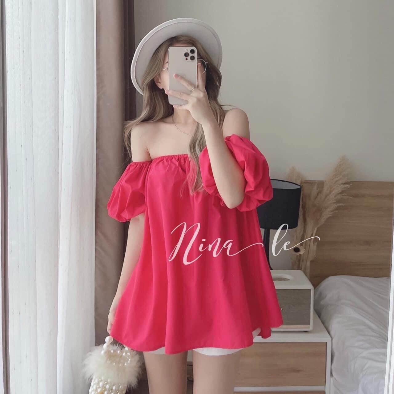 Áo trễ vai tay bèo nhún chất thô mềm form rộng 65kg, hàng chuẩn tttm