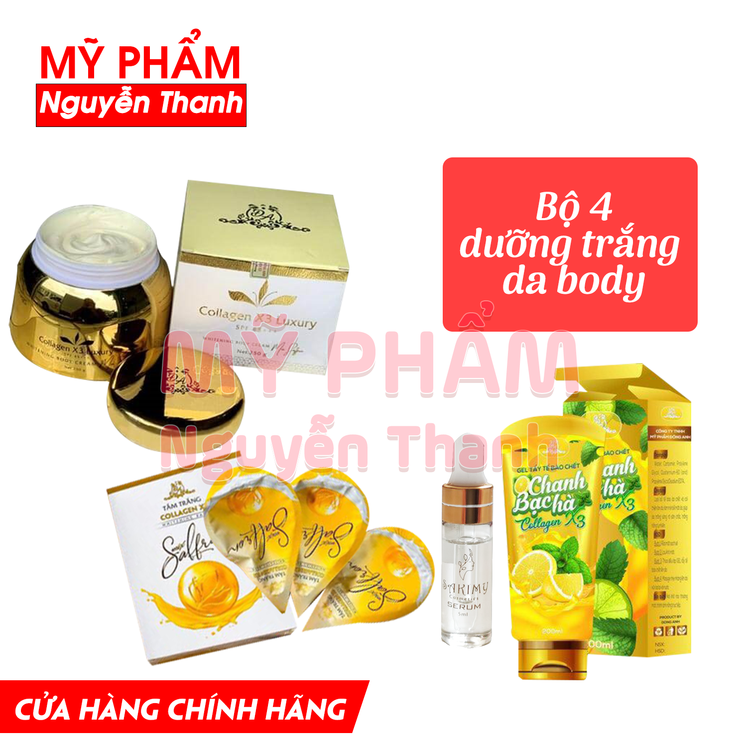 [HCM] Bộ 4 trắng da body gồm: Body collagen x3 luxury, tắm trắng collagen x3 mix saffron, tẩy tế bào chết chanh x3 và Serum kích trắng Sakimy (Chính hãng)
