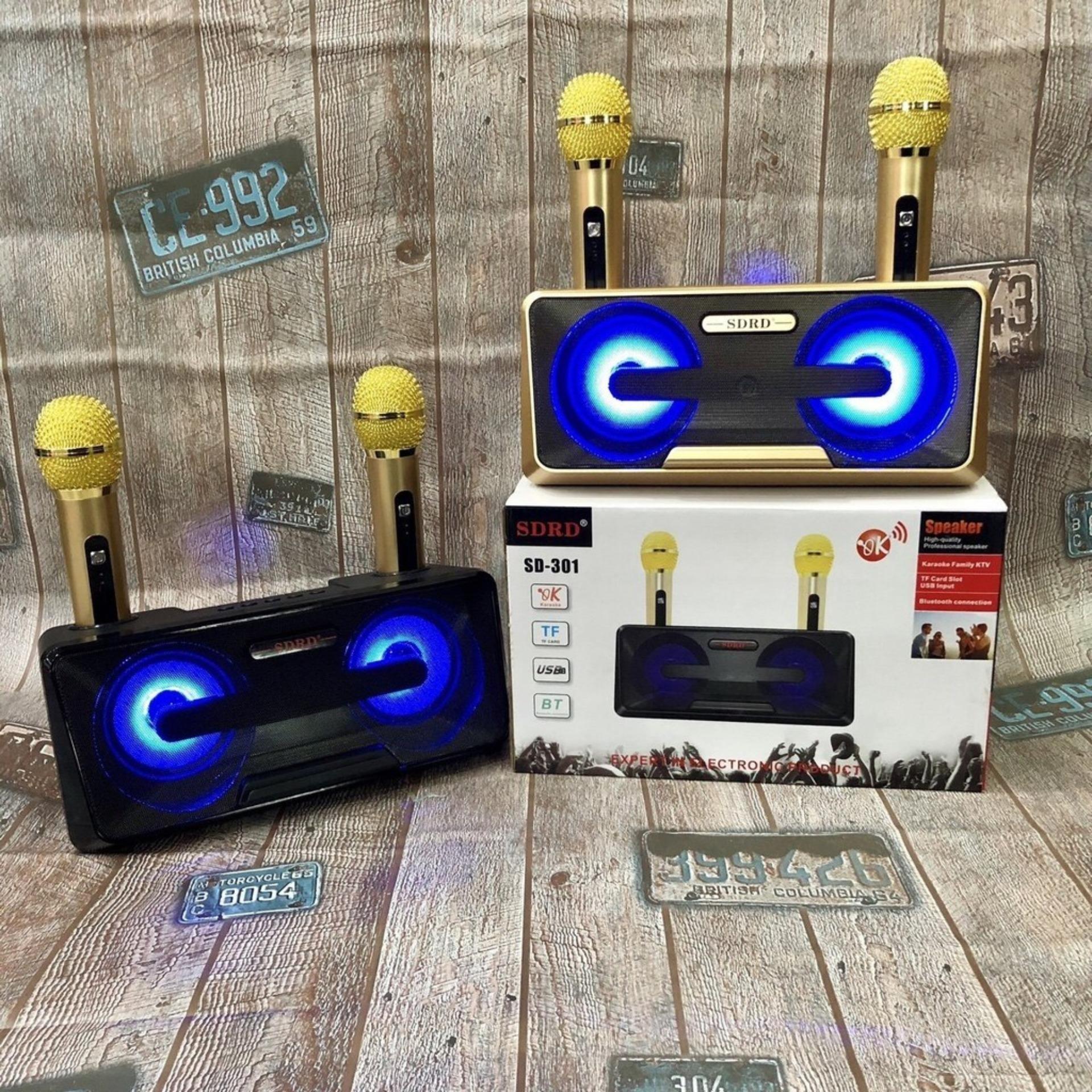 Mic Hat Karaoke Sd-301- Loa Bluetoth Karaoke Mini không dây. Loa nhật công suất lớn Loa Thùng Bluetooth Hát Karaoke hay Loa Bluetooth Karaoke SDRD SD-301+ Kèm 2 Mic Không Dây.Loa karaoke bluetooth có giá đỡ điện thoại, Bảo Hành 12 Tháng.