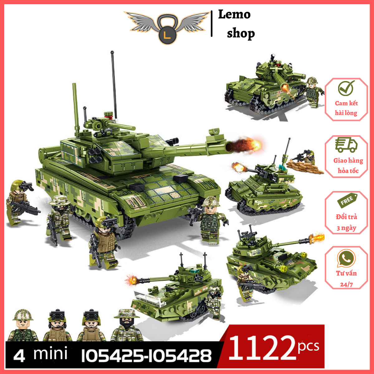 Đồ chơi xếp hình Nhân Vật Quân Đội & Bộ 4 Mô Hình Xe Tăng xếp hình Lemoshop Chất Lượng Cao 105425-105428