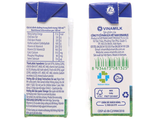 Sữa tươi VINAMILK 100% con bò ít đường hộp 180ml (48 hộp/thùng) -BH Chú Hoài