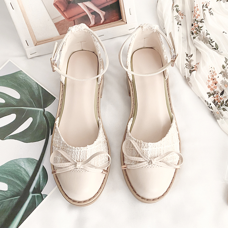 Sandal nữ bít mũi gót thấp đế cao 3 phân đính nơ