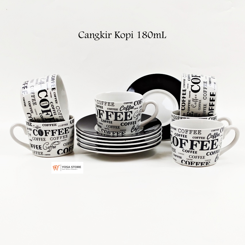 Cangkir Keramik Set Teh /Kopi motif COFFE Minimalis 12 Pcs