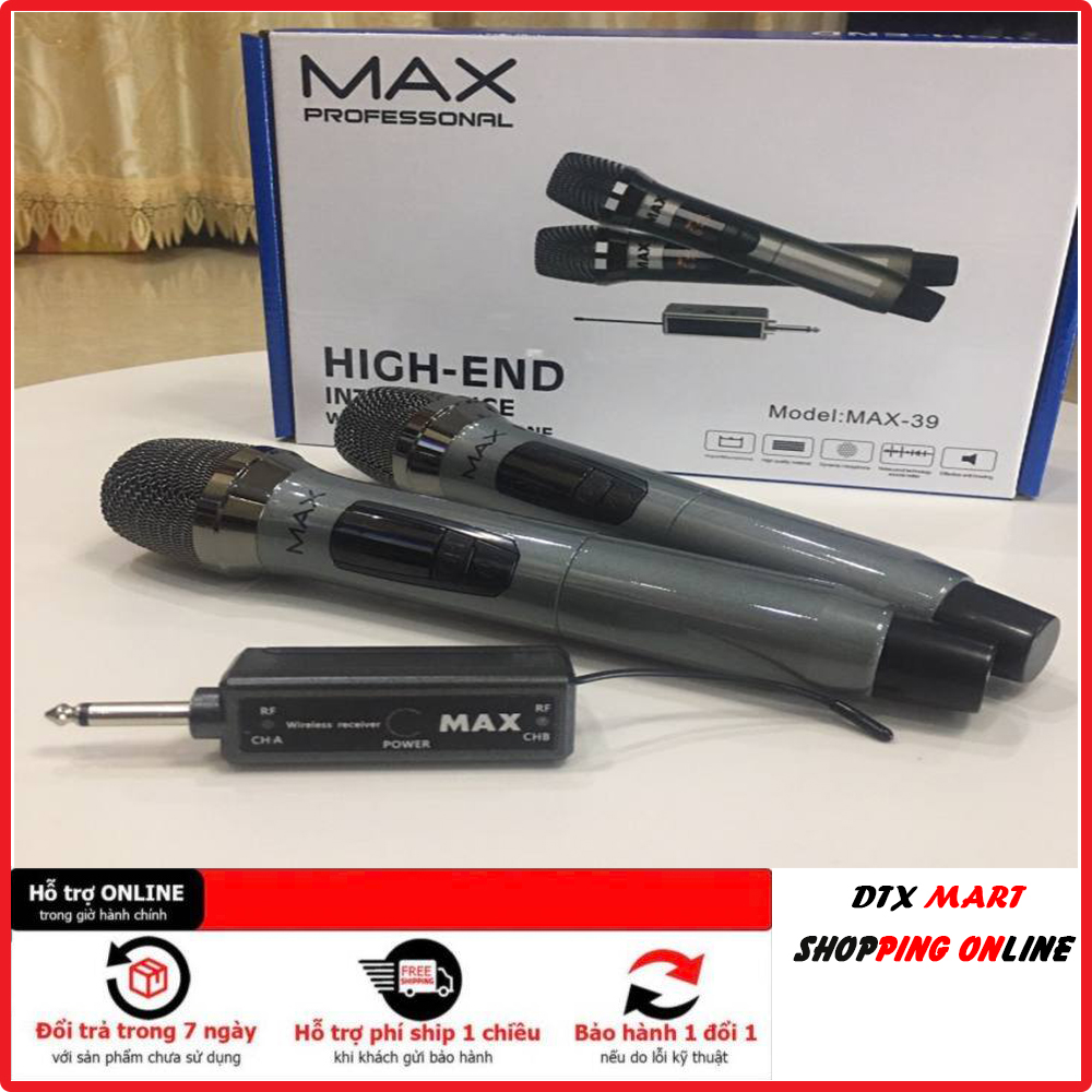 Trọn bộ micro không dây karaoke max 39 uhf - micro karaoke gia đình 2 mic hút âm - chống hú tốt màn hình led hiển thị