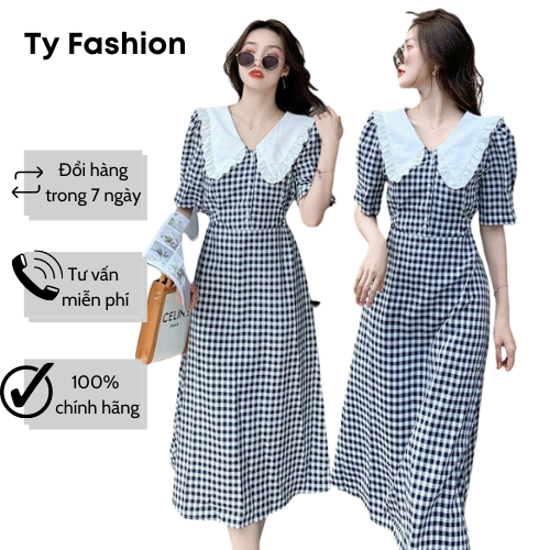 Đầm caro cổ sen trắng nhún bèo form a xòe dáng dài đính dây thắt lưng ty fashion