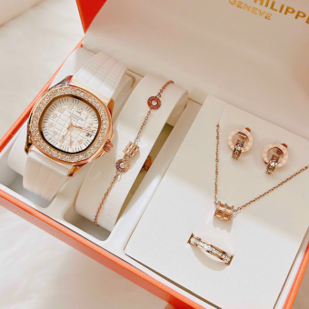 Đồng Hồ Nữ - Combo Sét Đồng Hồ Nữ Patek Và Phụ Kiện 5 Món Cao Cấp - Đồng Hồ Nữ Patek - Dây Chuyền + Lắc Tay + Nhẫn Tay + Đôi Bông Tai + Fullbox Túi Sách Siêu Sang Chảnh. (Bảo Hành 12 Tháng)