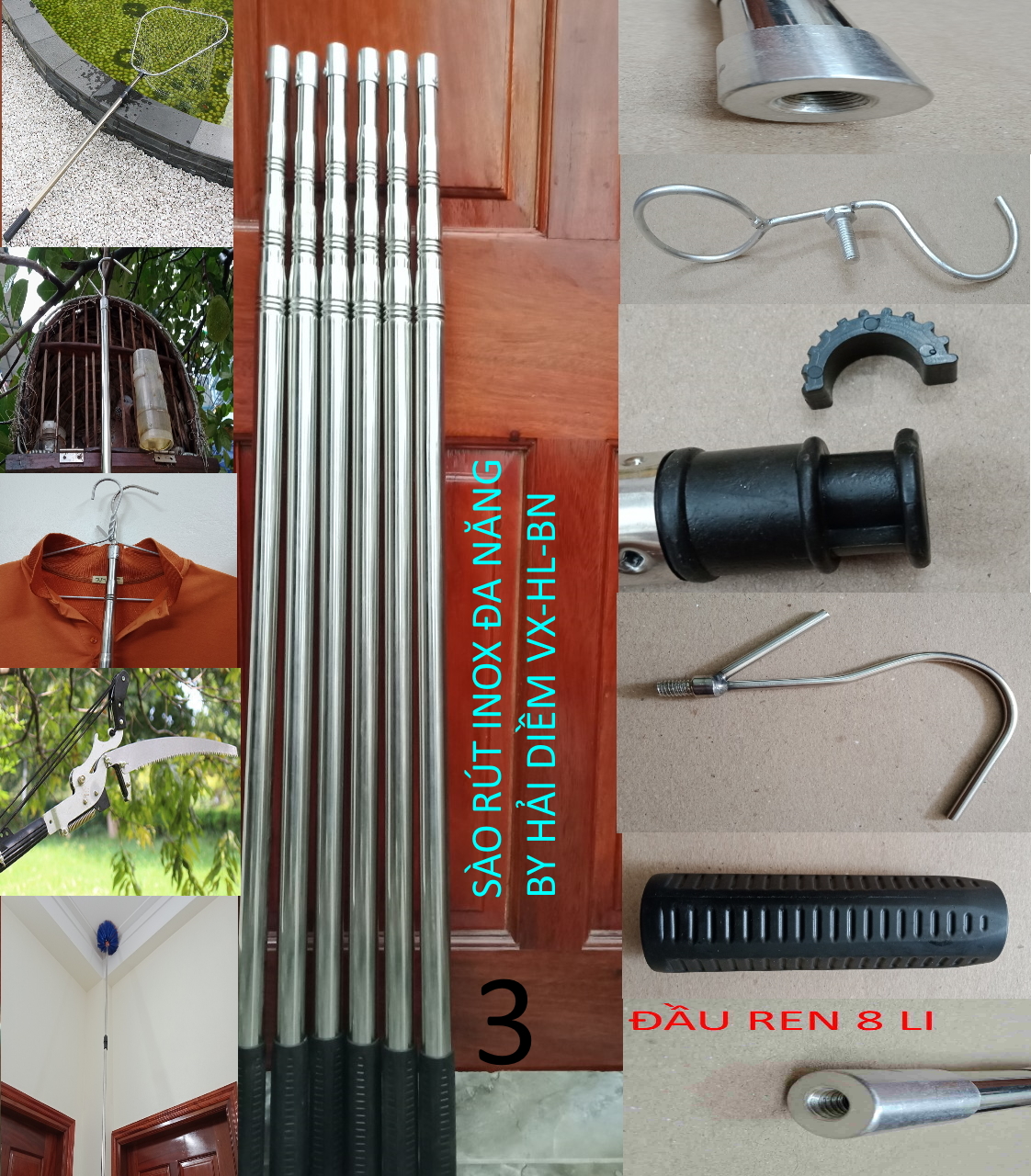 (L3m)Sào rút inox đa năng,gậy kéo dài như ý,kéo ra thu gọn.móc cành cây,lấy quả trên cao,phơi đồ,treo lồng chim,quét mạng nhện,vợt cá