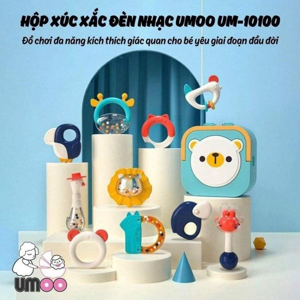 Hộp xúc xắc gặm nướu UMOO cho bé, bộ xúc xắc có đèn nhạc hình động vật silicon, an toàn cho bé - Seed house