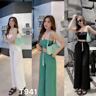 Set bộ áo ống croptop phối quần dài ống suông chất liệu xốp nhật T941