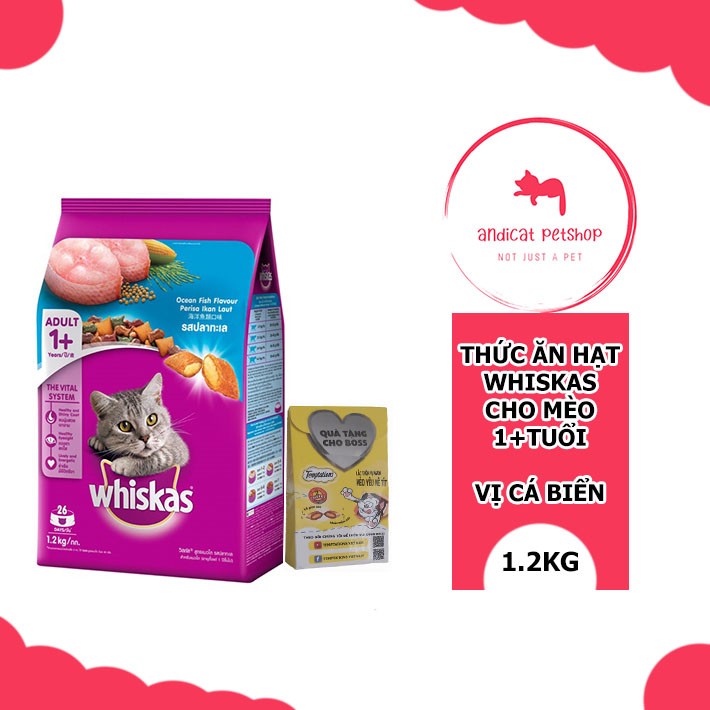 Thức ăn hạt whiskas cho mèo 1+ tuổi - túi 1.2kg - vị cá biển - tặng 01 hộp bánh thưởng temptations - mua combo để được giảm phí ship