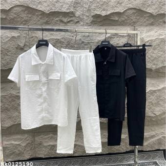 Bộ đũi nam nữ áo cộc cổ bẻ quần dài, chất liệu vải đũi co giãn thoáng mát