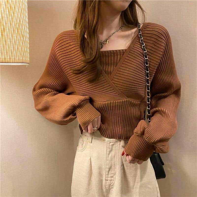 Hot áo croptop nữ tay dài thun gân kiểu yếm cổ vuông 2 dây