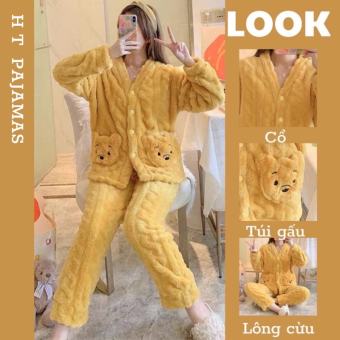 Bộ ngủ bông Cardigan túi gấu 3 màu sang trọng chất lông cao cấp mềm mại ấm áp