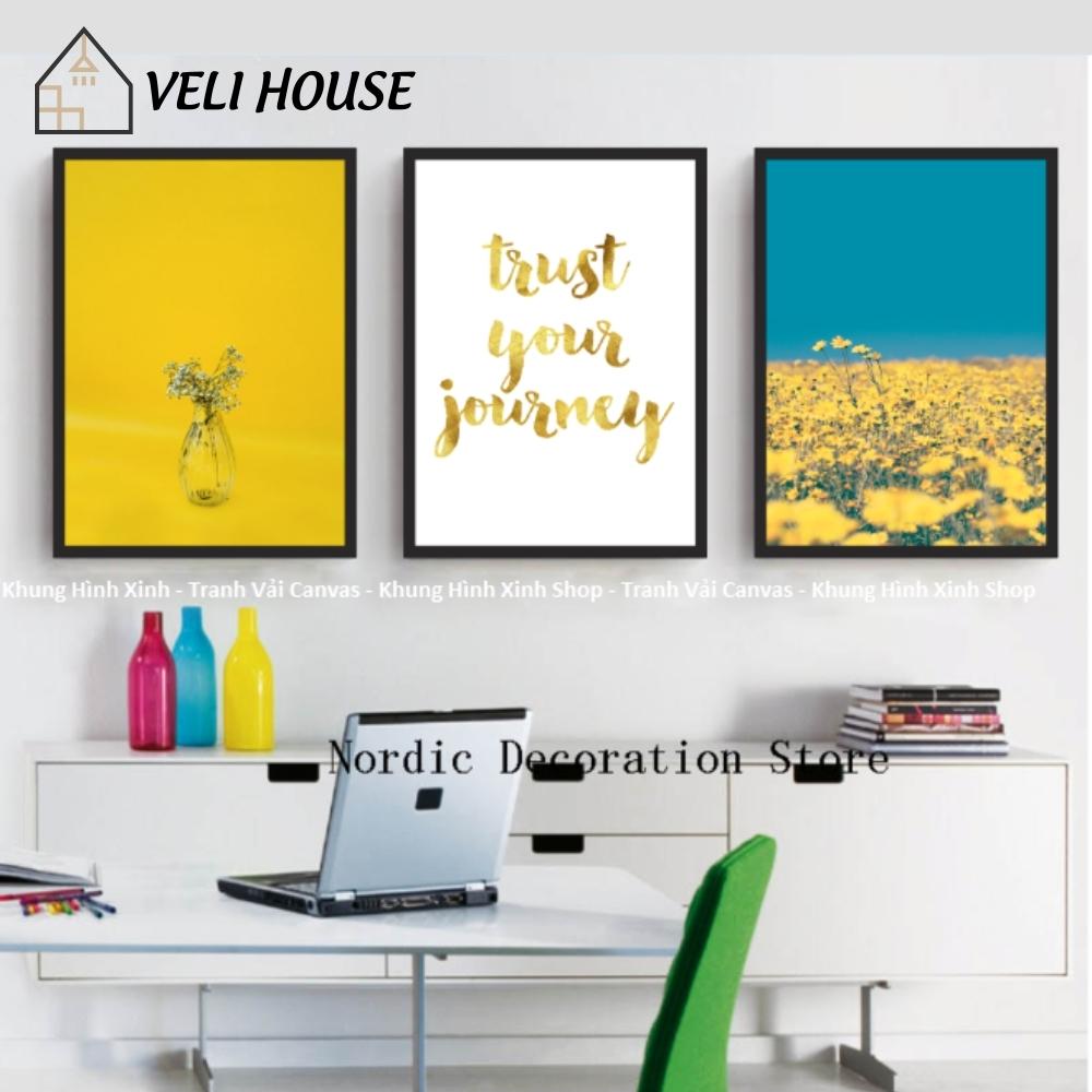 Bộ 3 tranh vải canvas trang trí tường kcv255 - Hoa - Kèm khung - 3 bức 30x42 cm - Veli house