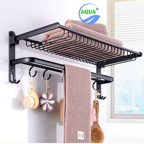 Giá treo khăn nhà tắm aqua g14 màu đen gắn thêm móc treo đồ thông minh trang trí nhà tắm
