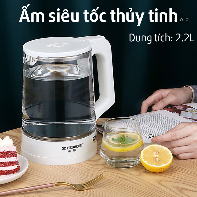 Ấm Siêu Tốc Ấm Siêu Tốc Thủy Tinh Peskoe  1500W, Đun Sôi Từ 4-6ph, Ấm Đun Nước Siêu Tốc, Bình Đun Siêu Tốc Cao Cấp,Ấm Điện Siêu Điện