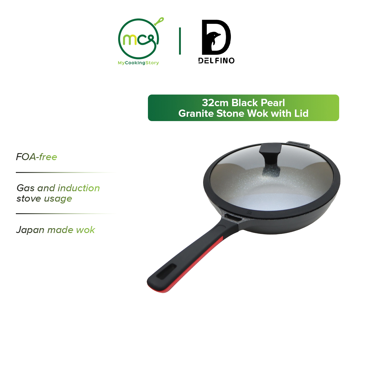 Gambar My Cooking Story   Delfino Black Pearl 32cm Granite Stone Wok with Lid (Japan)