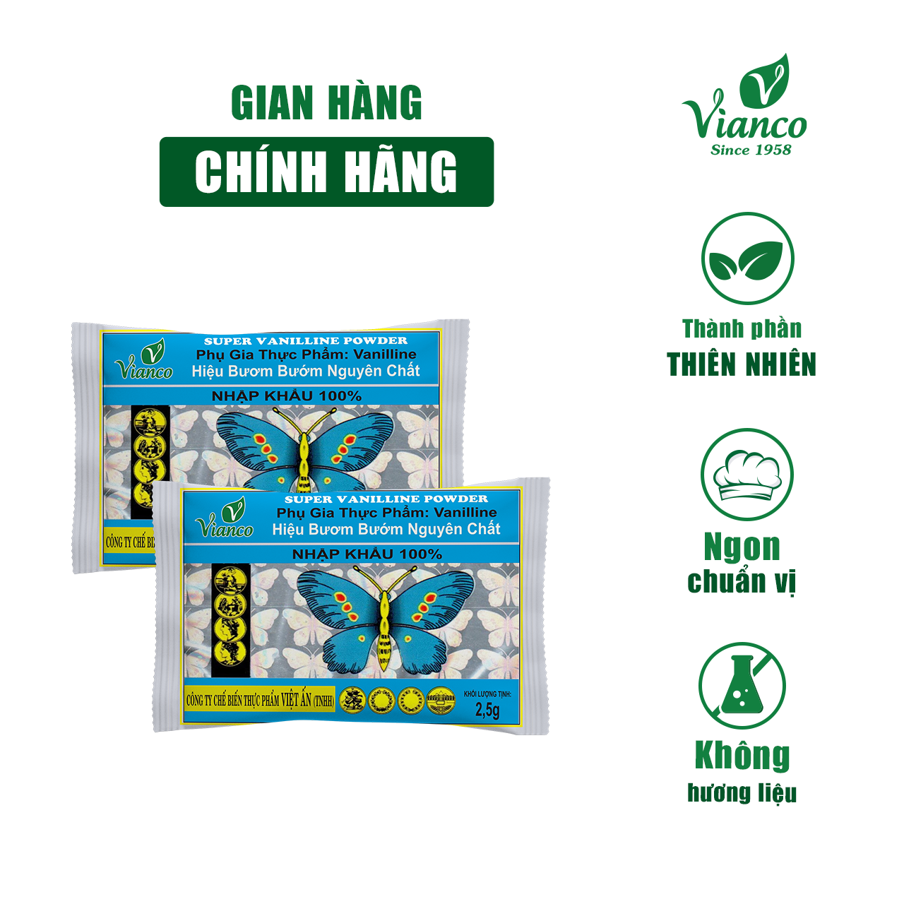 Combo 2 gói Bột Thơm Vani Hiệu Con Bướm (25g/gói, gói 10 ống) Làm Bánh, Chè, Kẹo Tiện Lợi Dễ Sử Dụng