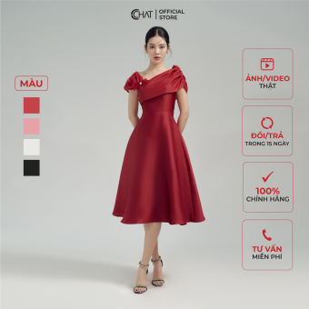 Đầm Nữ CCHAT Phối Voan Tay Lệch Dáng Xòe Chất Tafta Cao Cấp 22VNB8017XT