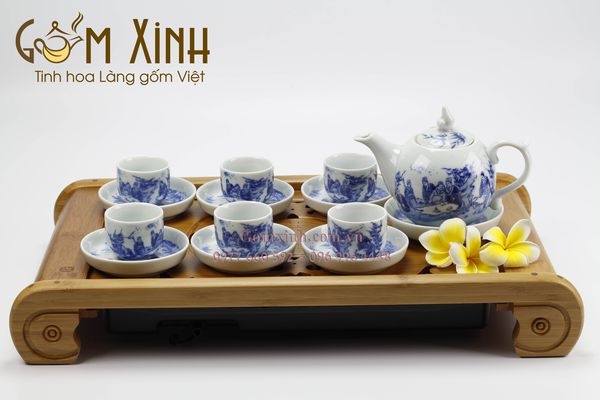 Bộ ấm chén Bát Tràng chóp lửa men lam cổ