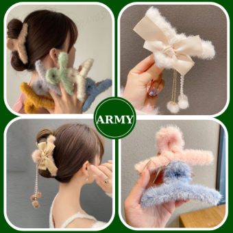 Kẹp tóc càng cua thắt nơ phối vải lông lớn thời trang