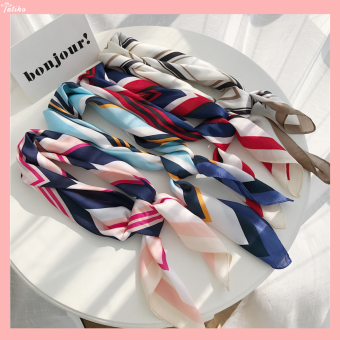 Khăn Lụa Vuông Khăn Turban Kẻ Sọc Ô Vuông Viền Màu Xanh - Chất Liệu Chiffon - 70x70cm - Mã KL002