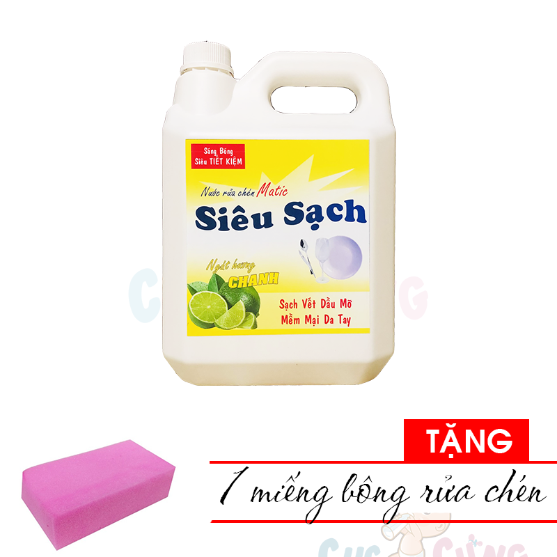Nước rửa chén hương chanh Matic Siêu Sạch can 5kg Tặng 1 bông rửa chén