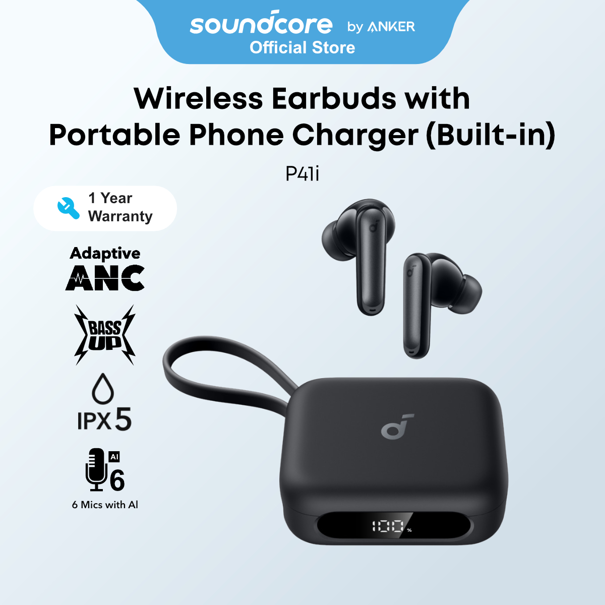 [New] soundcore P41i by Anker, ANC Wireless Earbuds with Built-in Portable Type-C Phone Charger,  Adaptive Noise Cancelling TWS with Phone Stand design, 6 Mics AI  Enhanced clear calls, wireless charging, fast charging, IPX5 water resistant for sports