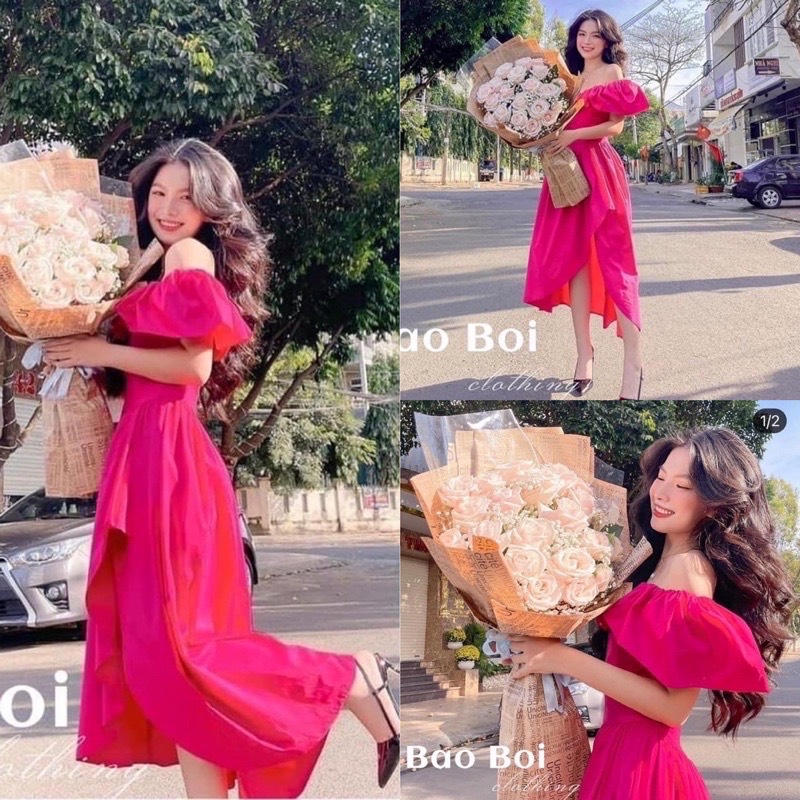 Đầm tiểu thư dự tiệc hồng trễ vai cao cấp,đầm maxi du lịch dáng xoè sang chảnh