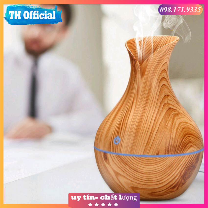 Máy xông tinh dầu vân gỗ tròn hình lọ hoa phun sương, đuổi muỗi trong phòng ngủ lọc không khí 130ml, Cắm Ổ USB