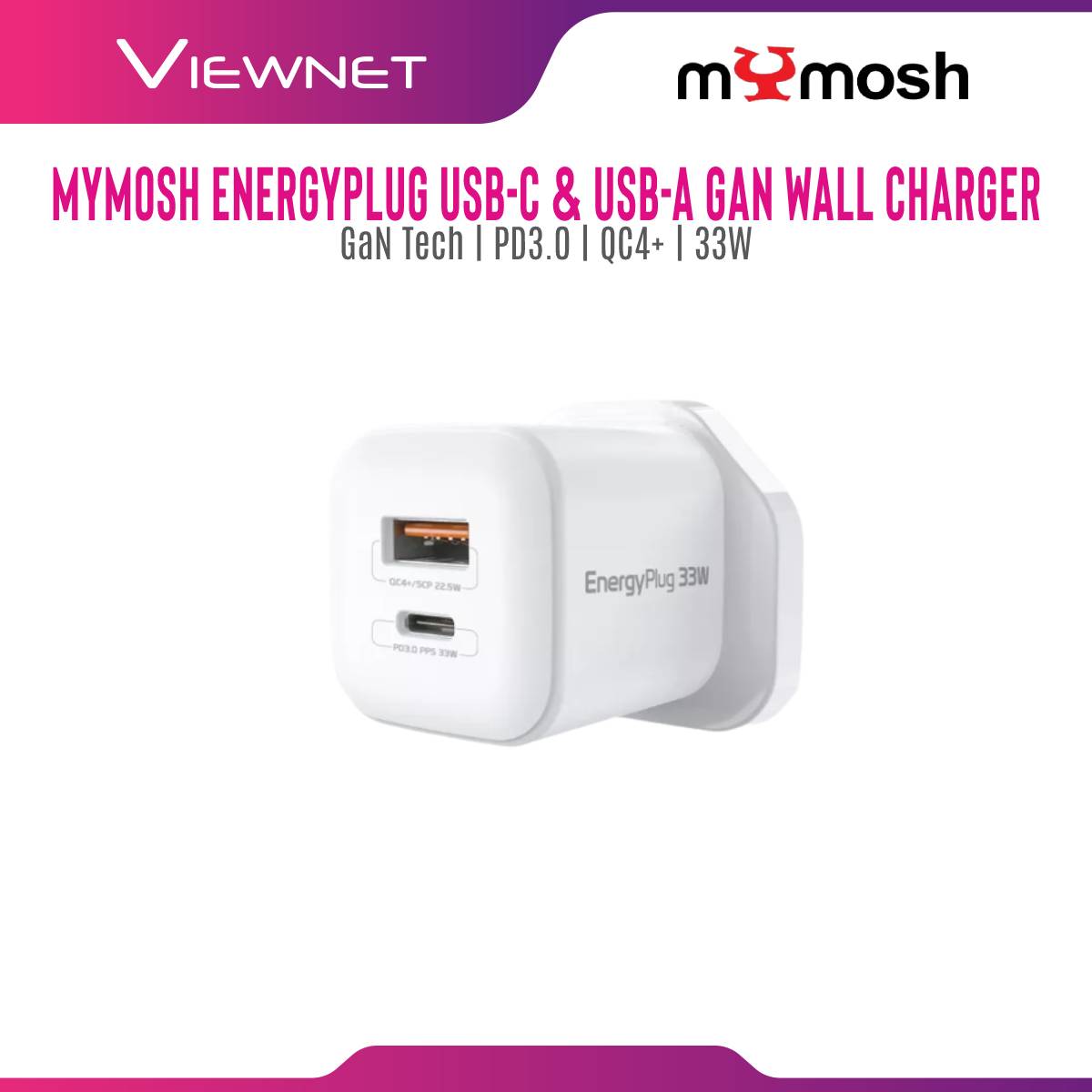 Mymosh GaN 33W Wall Charger USB-C & USB-A Charger Quick Charge QC4+ , PD3.0 , Dual USB