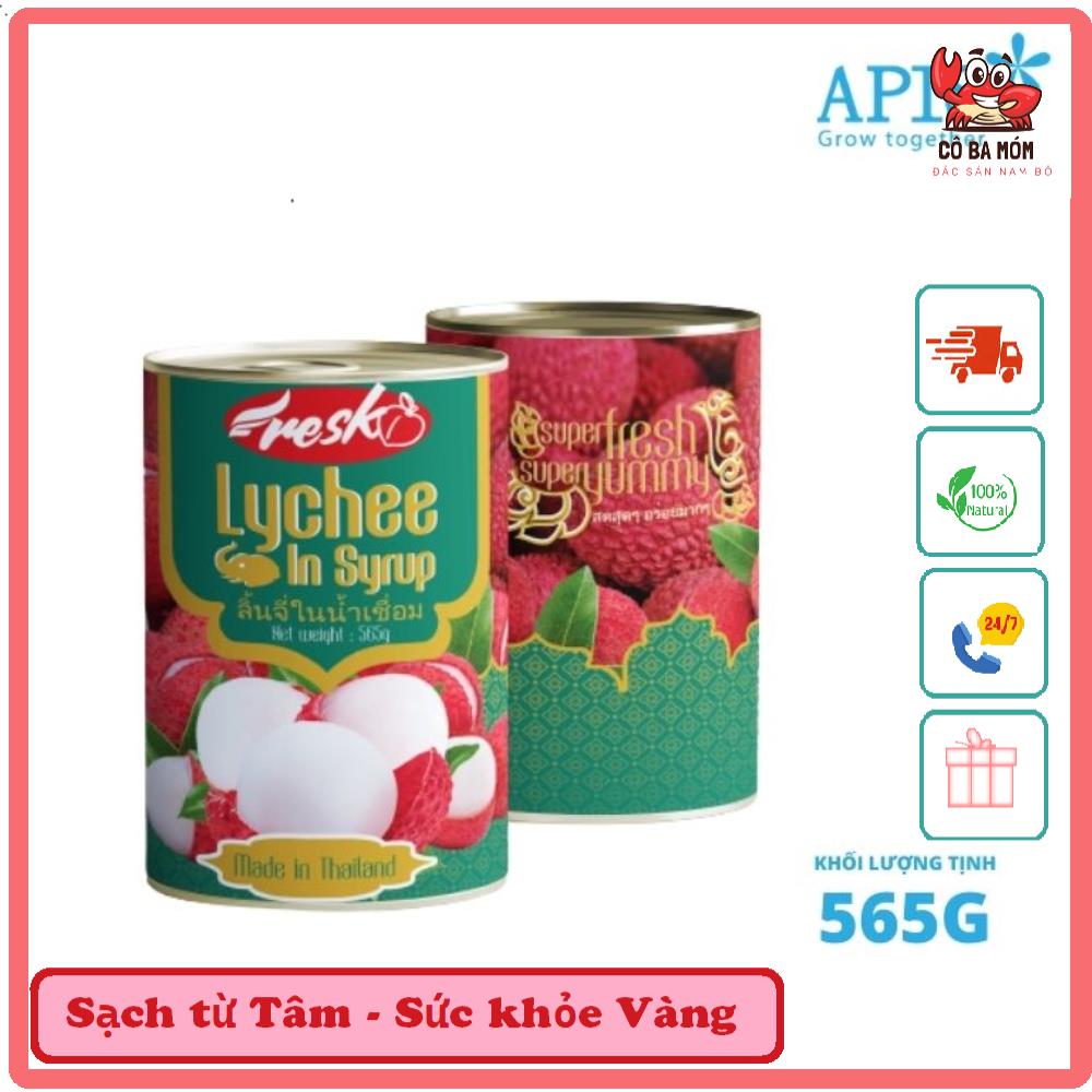 1 HỘP VẢI NGÂM SYRUP RESK THÁI LAN 565G LÀM TỪ NƯỚC, TRÁI VẢI TƯƠI, ĐƯỜNG CÔ BA MÓM - ĐẶC SẢN NAM BỘ