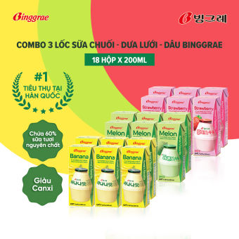 Combo 3 lốc Sữa Chuối –  Dưa lưới - Dâu Hàn Quốc Binggrae (Lốc 6 Hộp x 200ml)