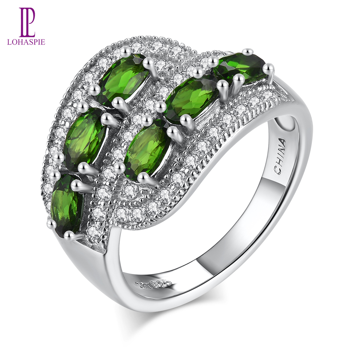 Nhẫn bạc sterling 925 chính hãng nhẫn diopside mạ crôm tự nhiên nhẫn bạc 925 đá quý màu xanh lá cây cho nữ quà tặng trang sức