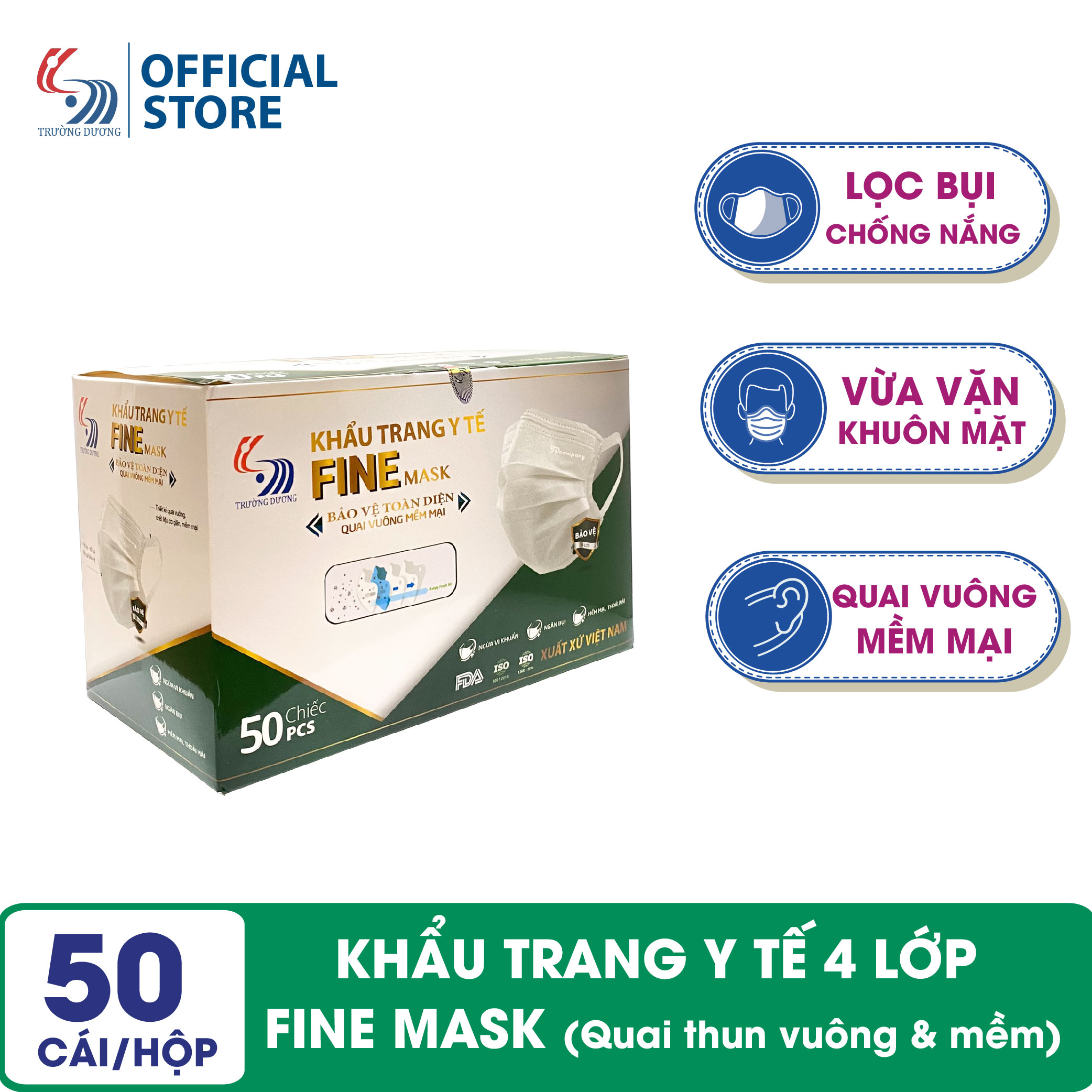 Khẩu trang y tế 4 lớp fine mask - hộp 50 cái, quai mềm