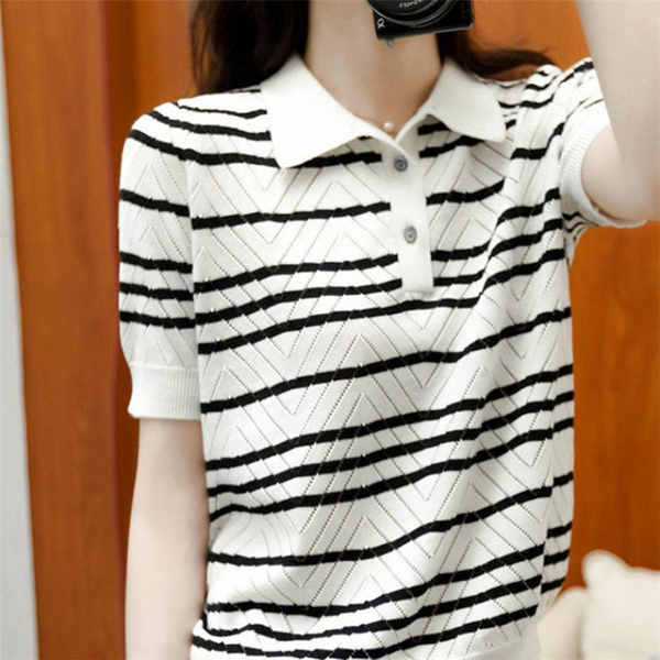  LUCKIN STORE Áo Sọc Ve Áo Cho Nữ Áo Cánh Mùa Hè Mới 2025 Áo Len Dệt Kim Ngắn Tay Áo Phông Mặc Lót 