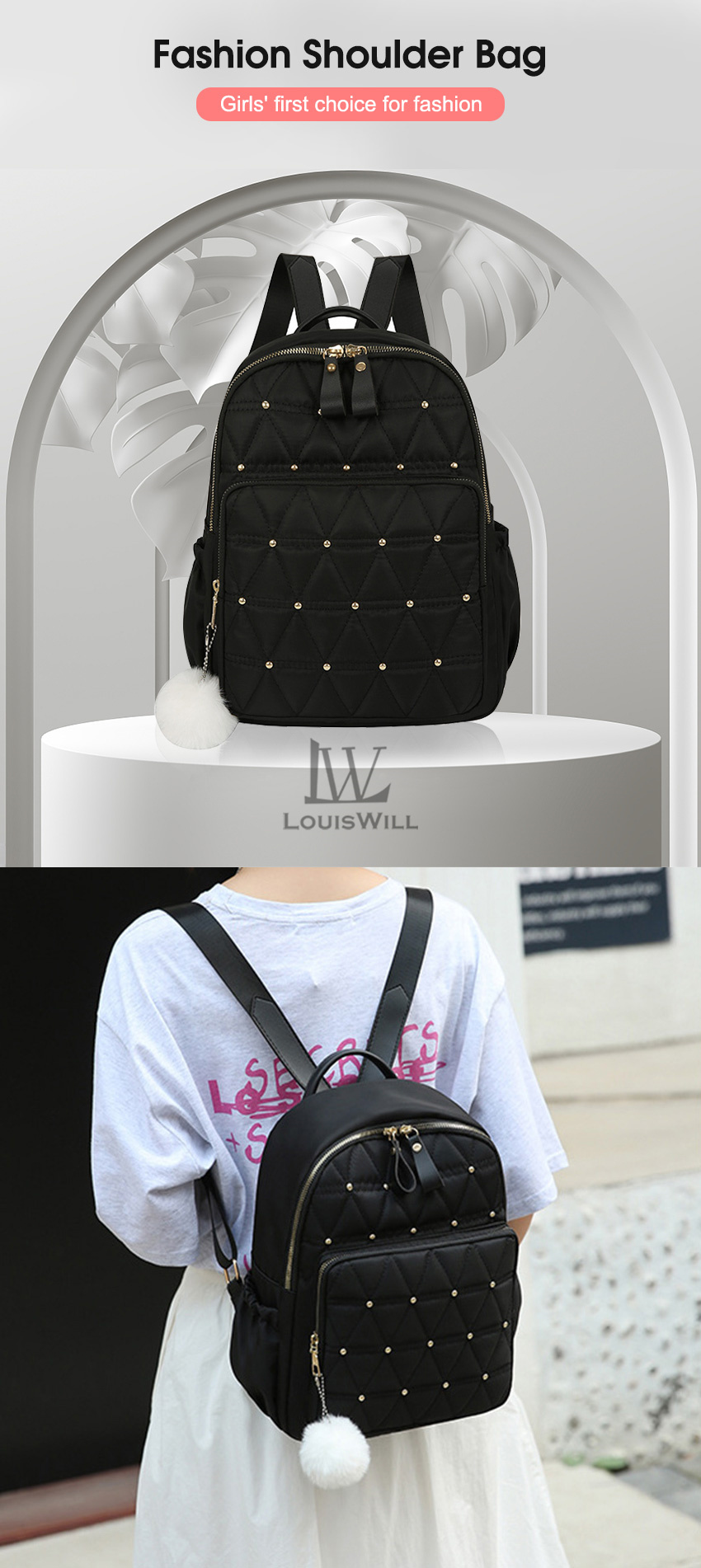 LouisWill Backpack Women Shoulder Bag Riveted Luxury Back Pack