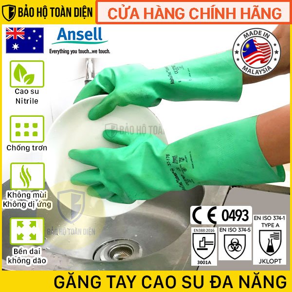 Găng tay cao su rửa chén cao cấp Ansell 37-176 _ siêu bền dai, không bở dão, không rách thủng | Bao tay cao su chống hóa chất nhập khẩu chính hãng Ansell - Thương hiệu Úc |