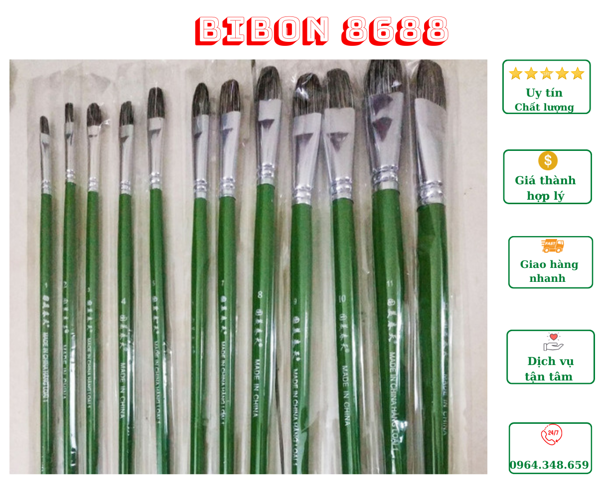 Bộ 12 cọ vẽ/bút lông chồn cán xanh loại tốt