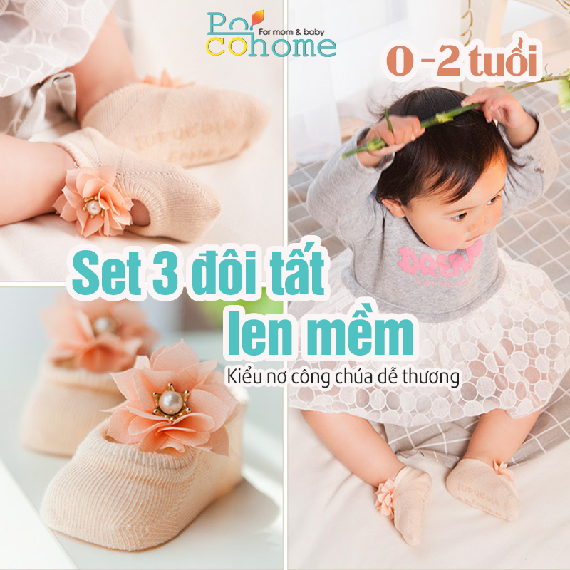 [HCM]Set 3 đôi tất trẻ em đính nơ chống trơn trượt cho bé gái đáng yêu 0-2 tuổi (<12kg)
