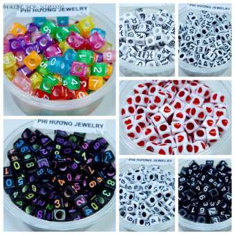 Gói 10-25gr hạt cườm nhựa chữ / số / trái tim / cung hoàng đạo xỏ vòng tay