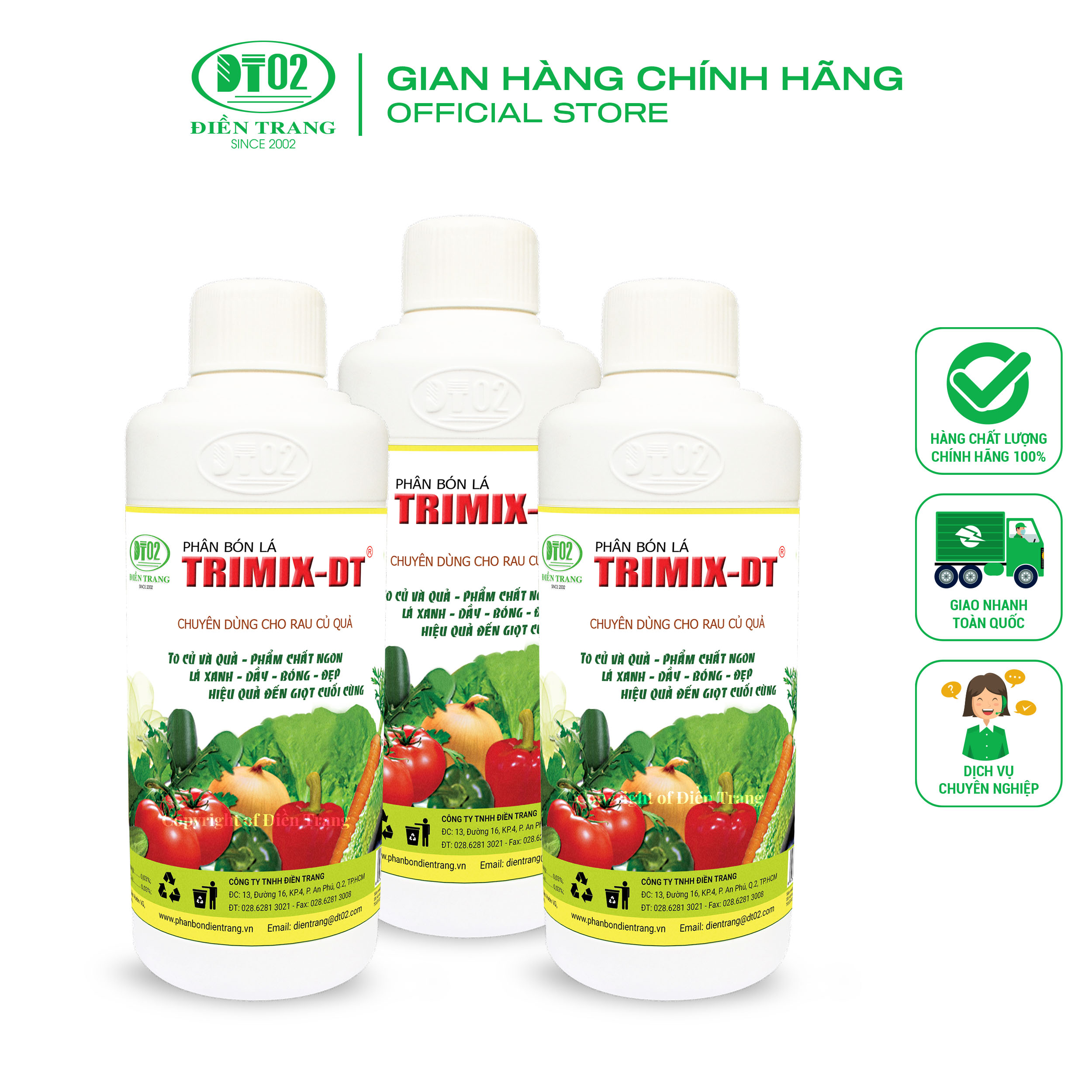 Combo 3 chai Phân hữu cơ tưới cho rau ăn lá và củ quả Trimix-DT, to củ lá xanh 500ml