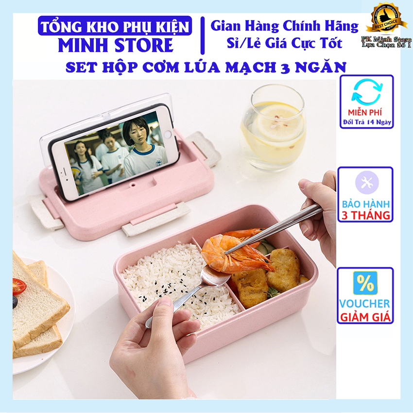 Set hộp cơm văn phòng lúa mạch 3 ngăn, đồ đựng cơm trưa kèm đũa thìa tiện lợi