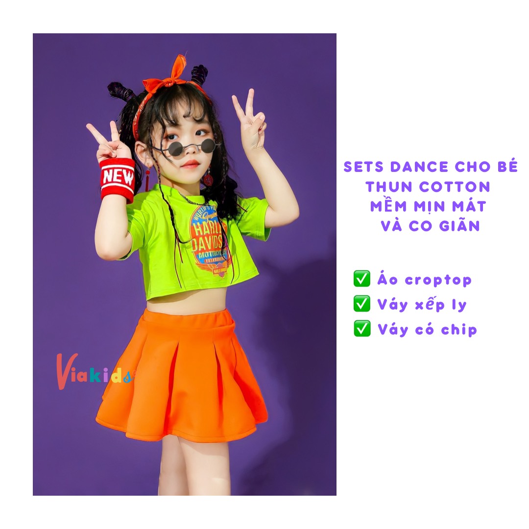 Set vaý tập nhảy bé gái áo croptop phối chân váy xếp ly có chip trong cao cấp thun cotton cho bé 1 t