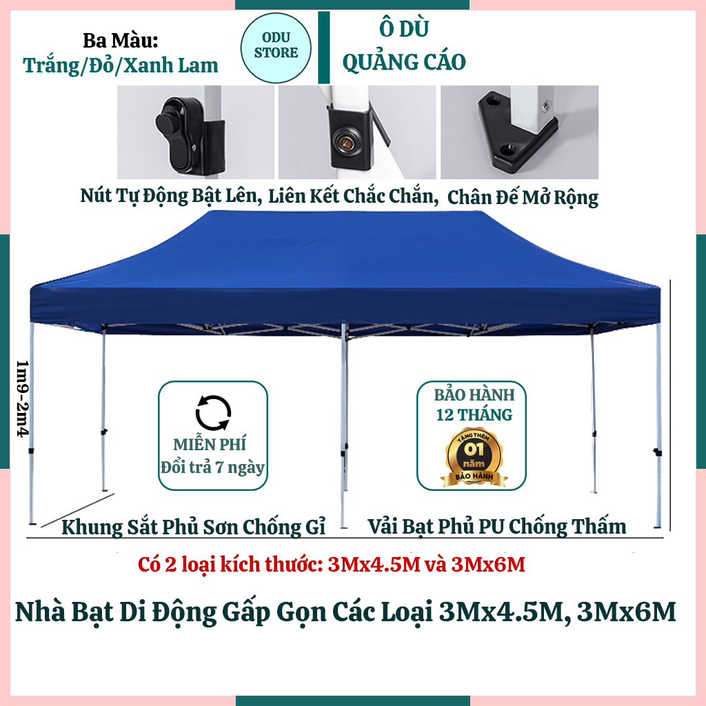 Nhà Bạt Di Động Mái Che Cao Cấp Khung Sắt Không Gỉ Tĩnh Điện Che Nắng Ngoài Trời Các Loại 3Mx4.5M 3Mx6M Bảo Hành 2 Năm